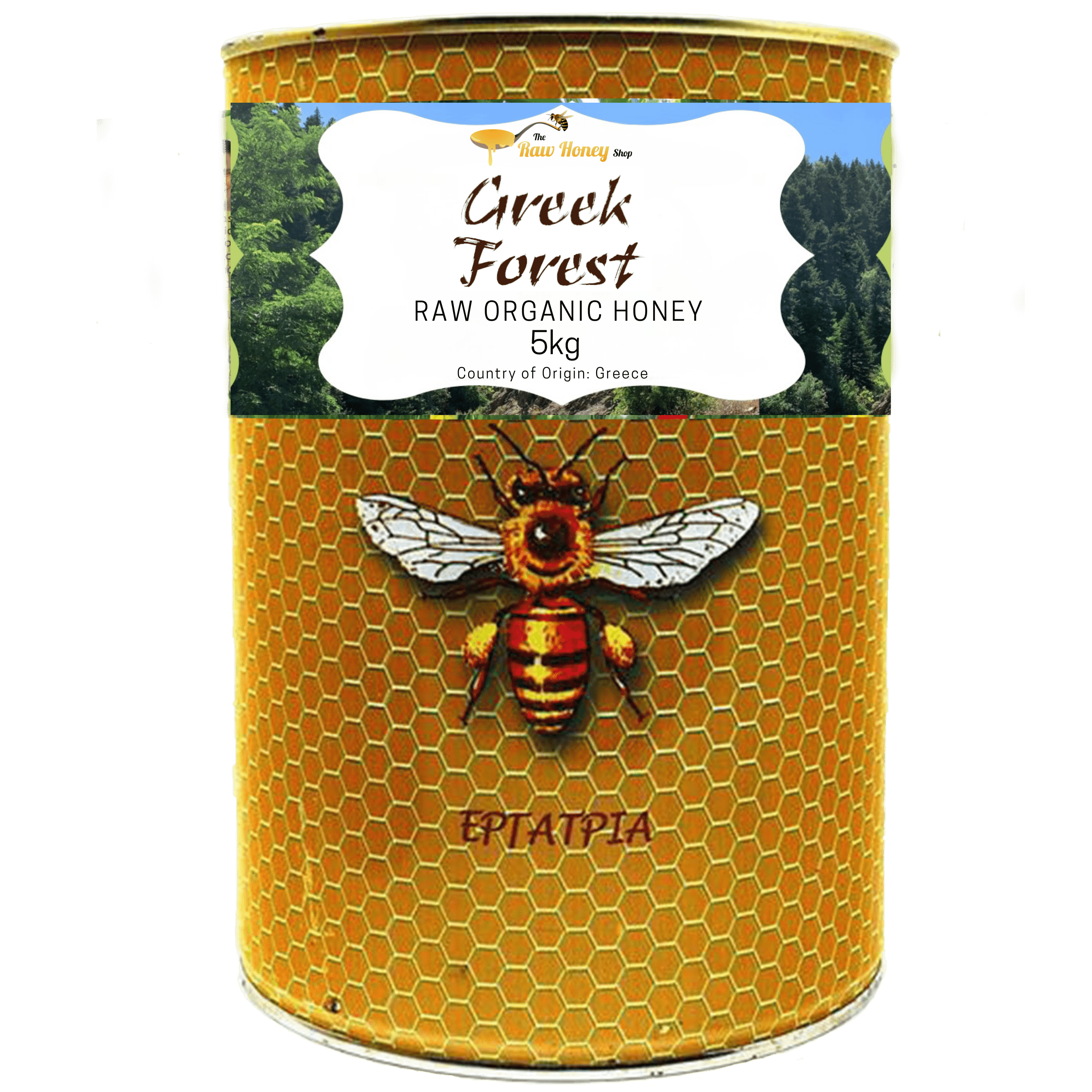 A 5kg metal tin of Thomas' Greek Forest Raw Organic Honey, featuring a golden honeycomb pattern with an illustration of a honeybee on the front label.
