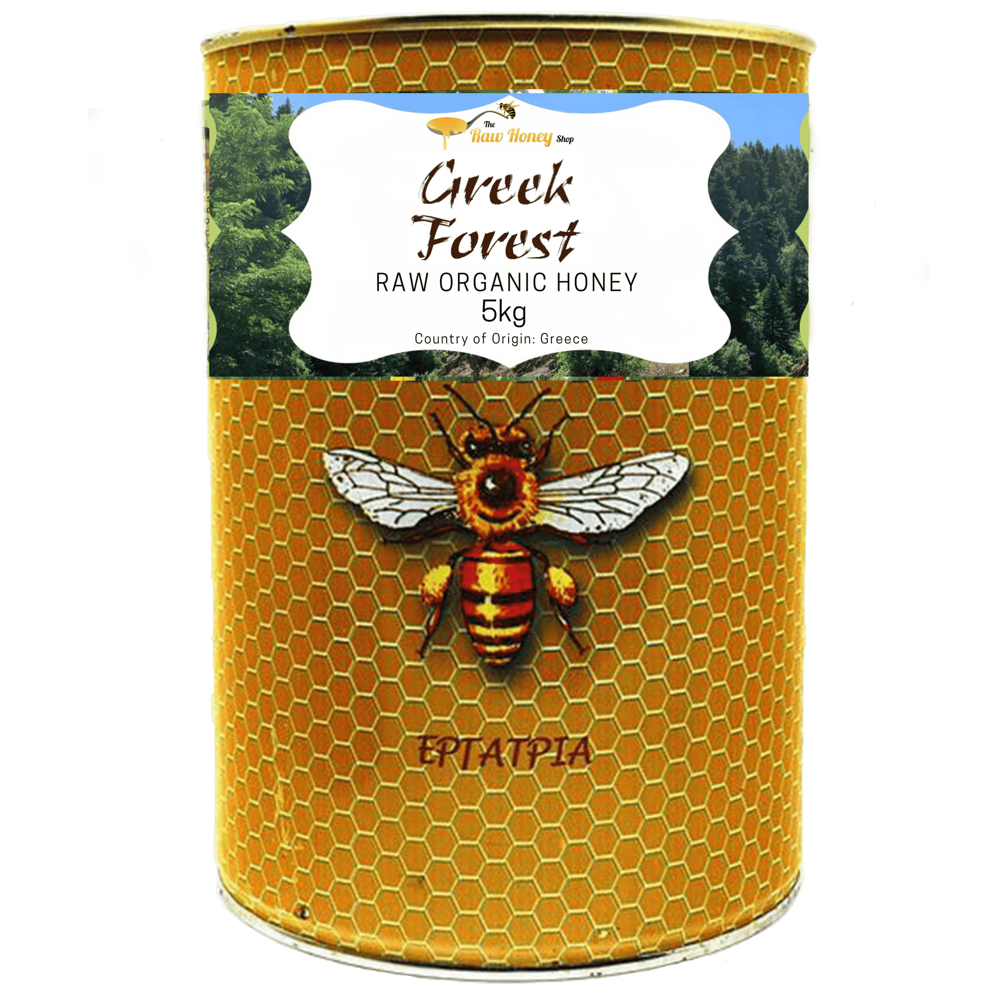 A 5kg metal tin of Thomas' Greek Forest Raw Organic Honey, featuring a golden honeycomb pattern with an illustration of a honeybee on the front label.