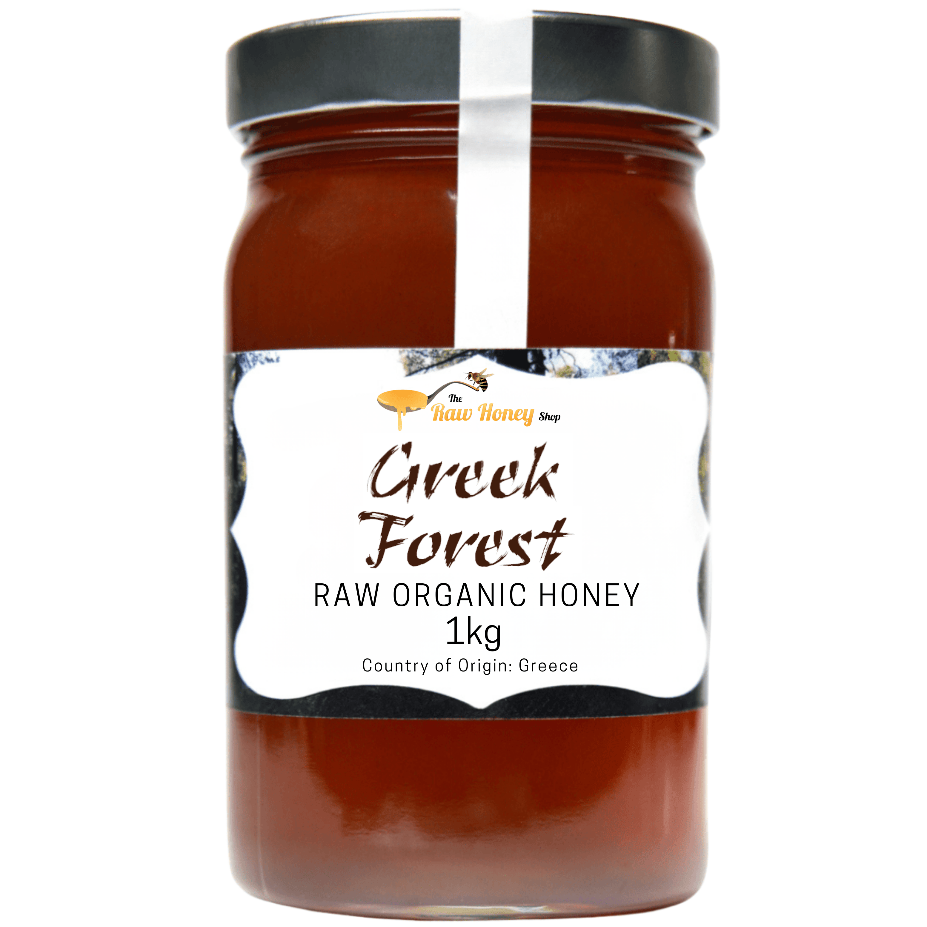 A 1kg glass jar of Greek Forest Raw Organic Honey from The Raw Honey Shop, featuring a black lid and a white label with brown text, set against a plain white background.