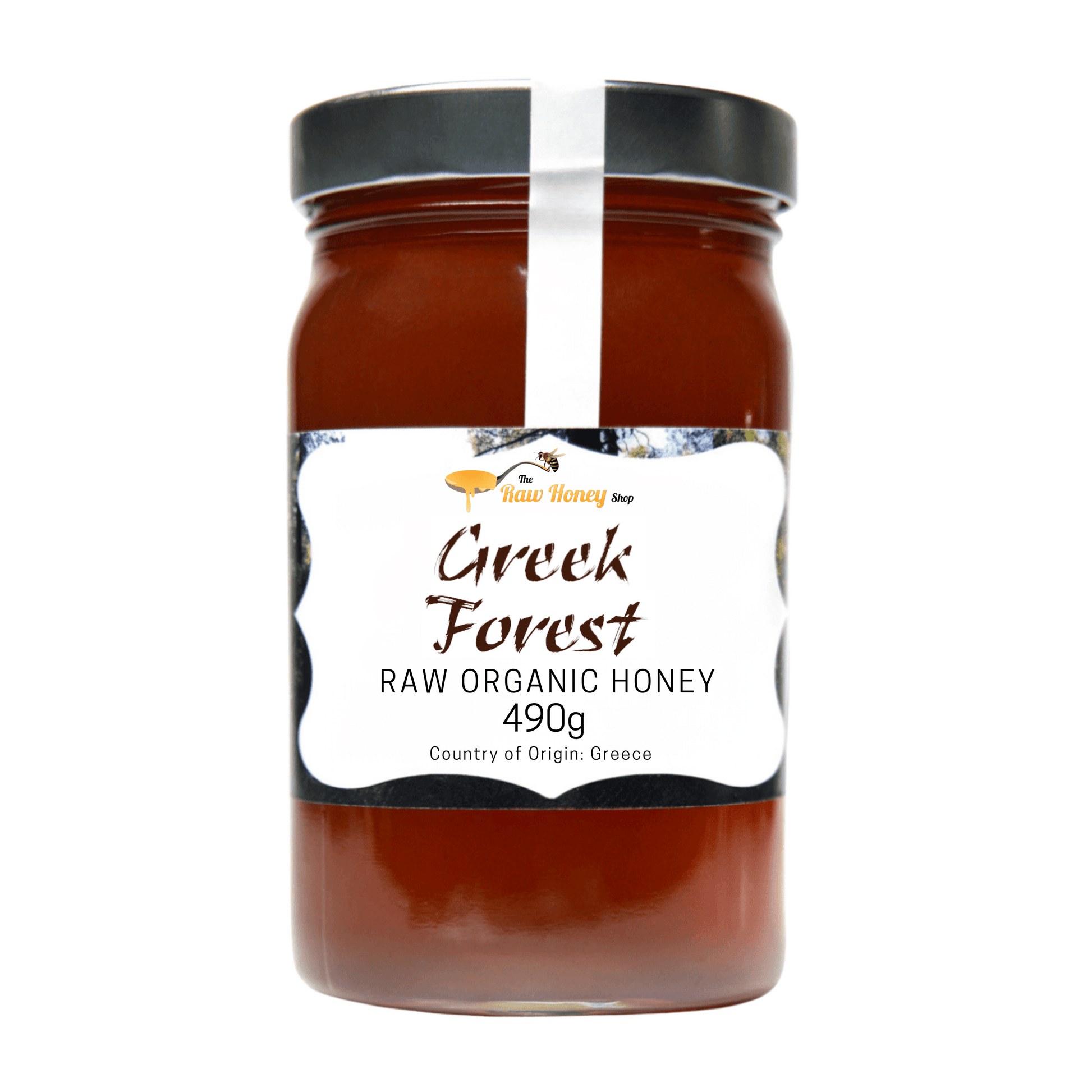 A jar of Greek Forest Raw Organic Honey from The Raw Honey Shop, featuring a black lid, a white seal, and a white label with black text, set against a plain white background.
