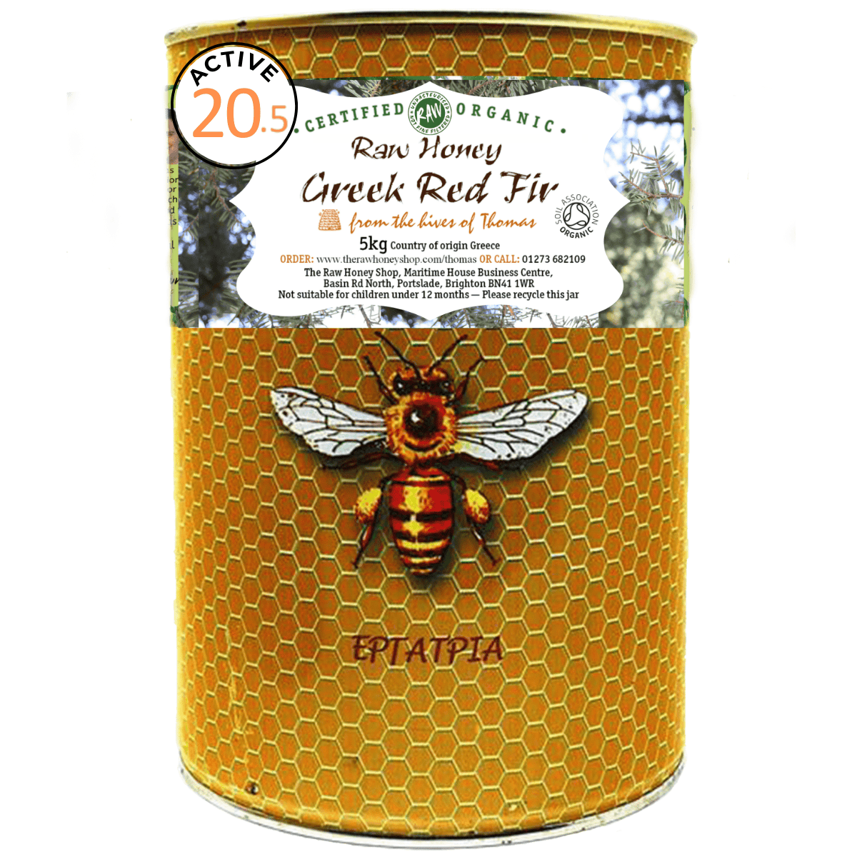 A 5kg tin of Thomas' Greek Red Fir Honey from The Raw Honey Shop with an Active 20.5 sticker.