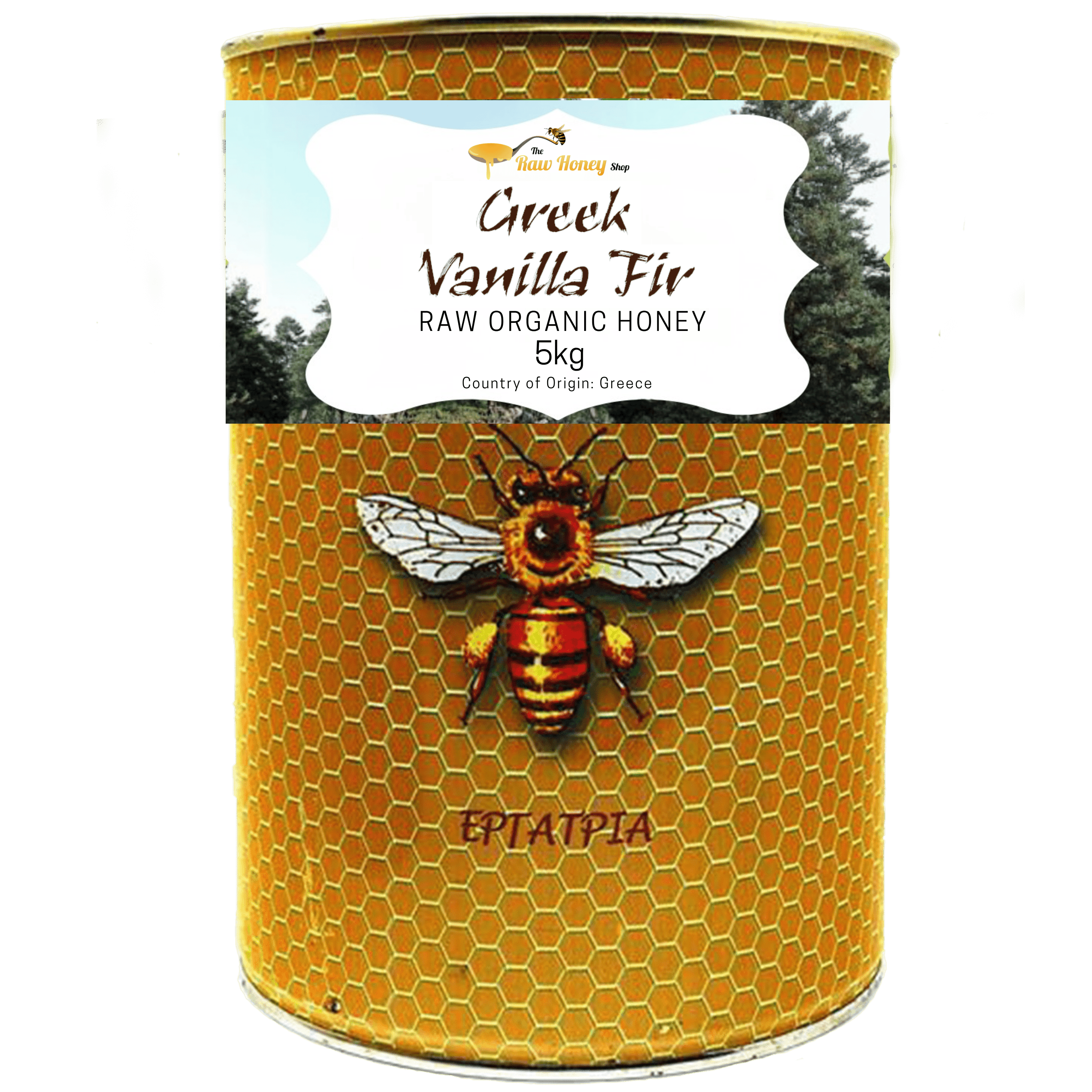 A 5kg metal tin of Thomas' Greek Vanilla Fir Raw Organic Honey, featuring a golden-yellow honeycomb pattern, a central illustration of a honeybee, and a white label at the top.