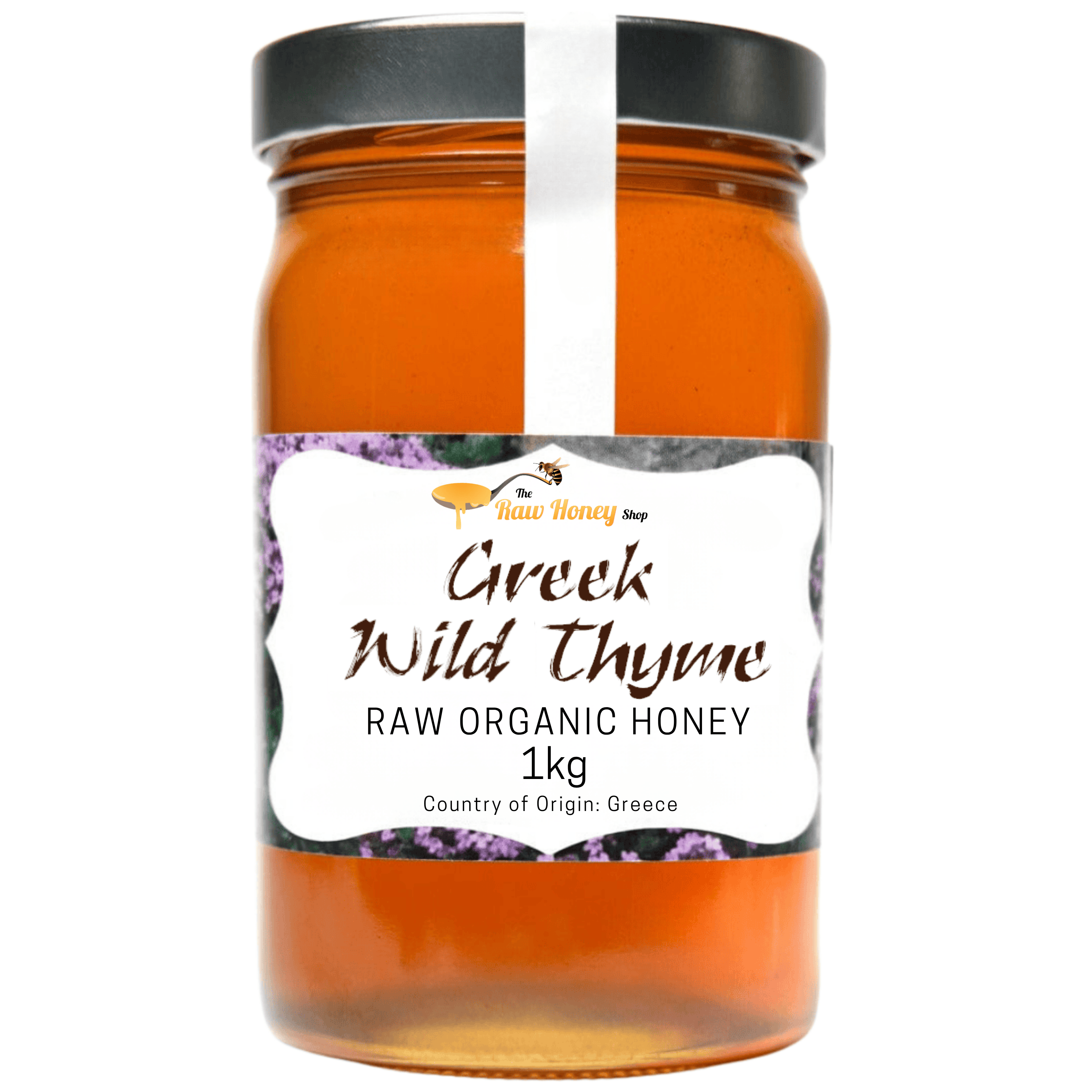 A 1kg glass jar of Thomas' Greek Wild Thyme Raw Organic Honey from The Raw Honey Shop, featuring a black lid and a white label with purple accents, set against a plain white background.