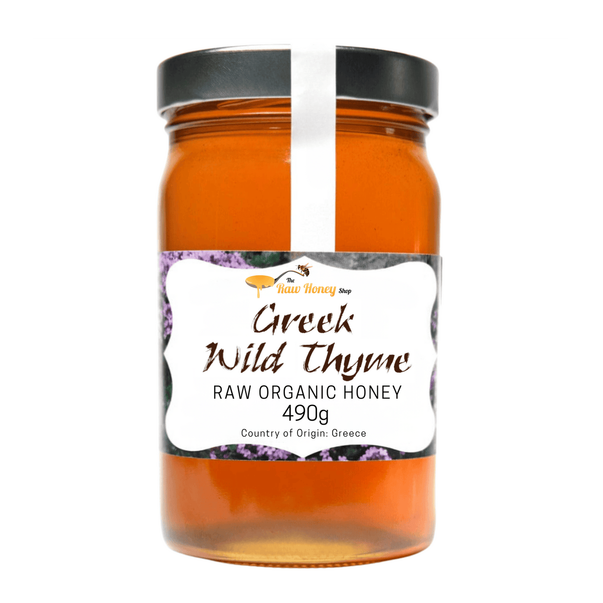 A 490g jar of Thomas' Greek Wild Thyme Raw Organic Honey by The Raw Honey Shop featuring amber-colored honey in a glass jar with a black lid and a white label.