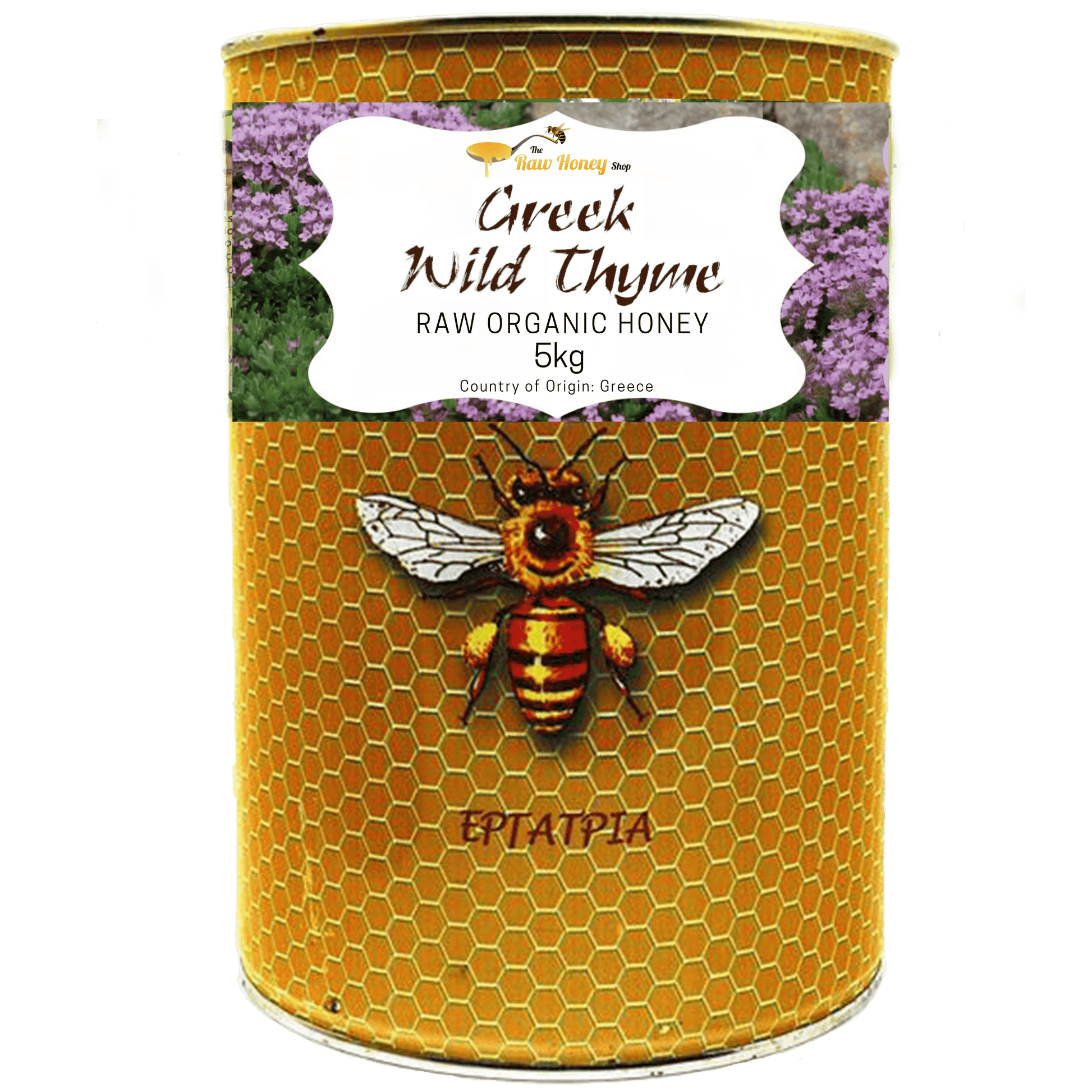 A 5kg metal tin of Thomas' Greek Wild Thyme Raw Organic Honey, featuring a golden-yellow honeycomb pattern, a central illustration of a bee, and a white label at the top.
