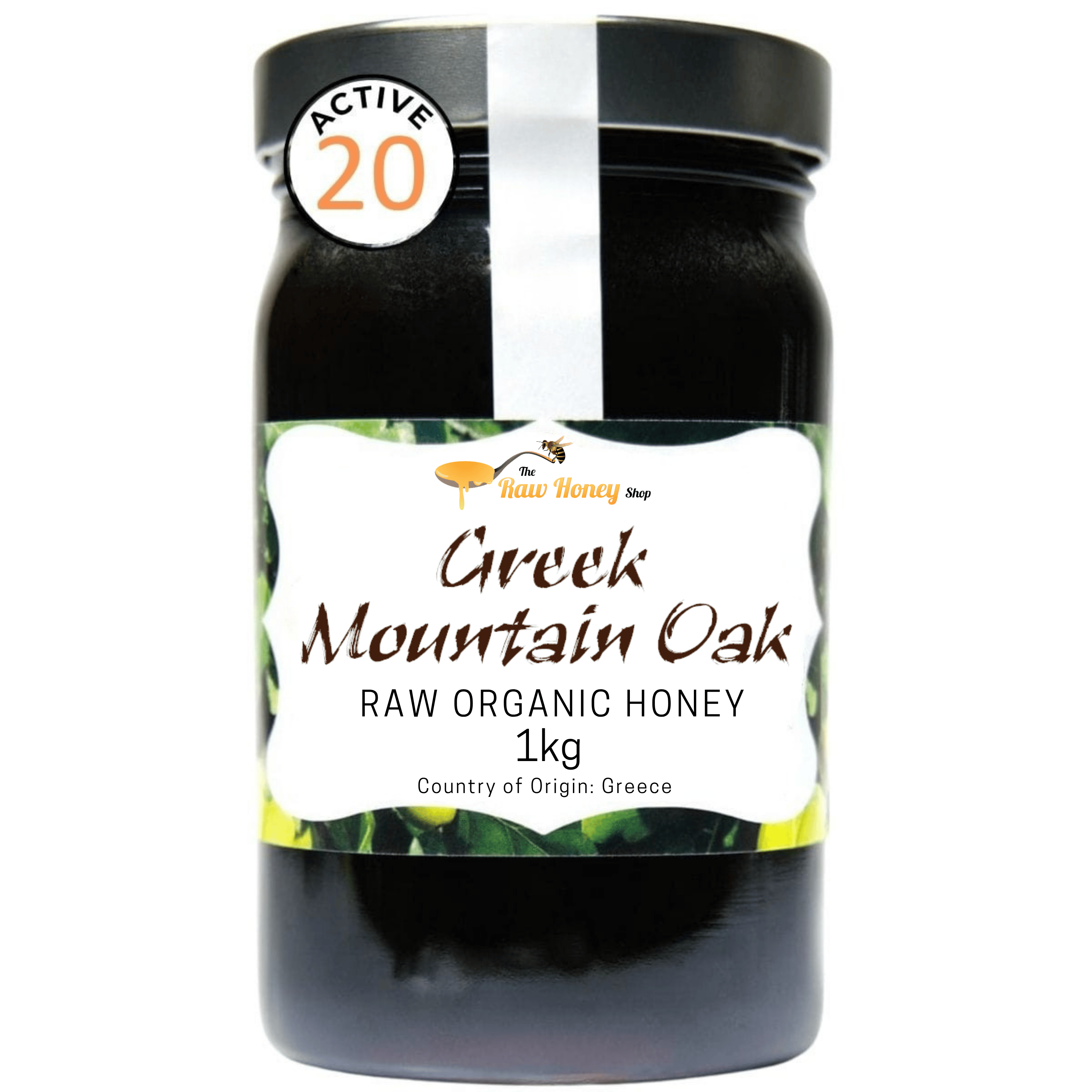 A 1kg jar of Greek Mountain Oak Raw Organic Honey from The Raw Honey Shop on a white background, featuring a black lid, a white and green label, and an 'ACTIVE 20' sticker on the top.