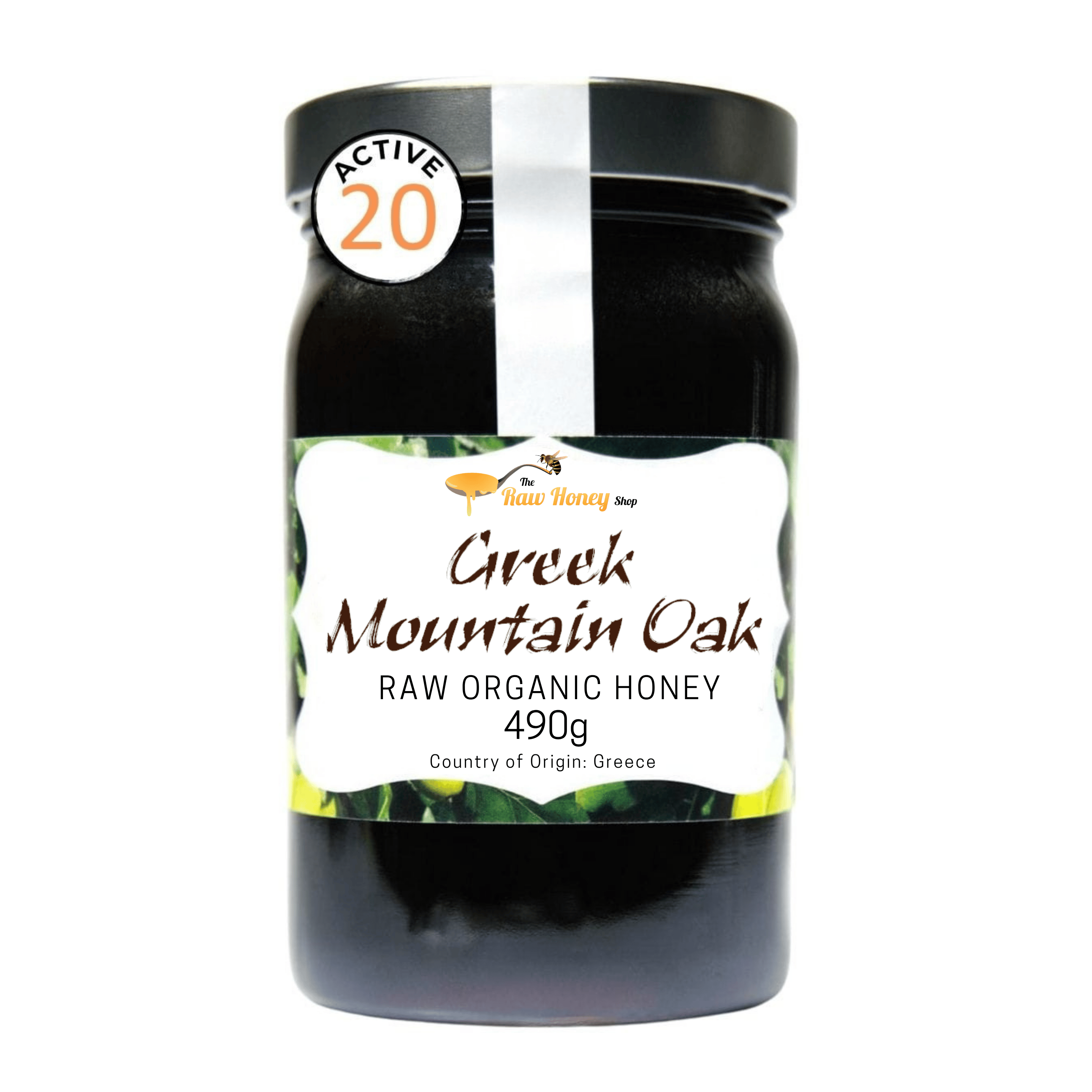 A jar of Greek Mountain Oak Raw Organic Honey from The Raw Honey Shop featuring a black lid, a white and green label, and an 'ACTIVE 20' seal on the upper left, set against a plain white background.