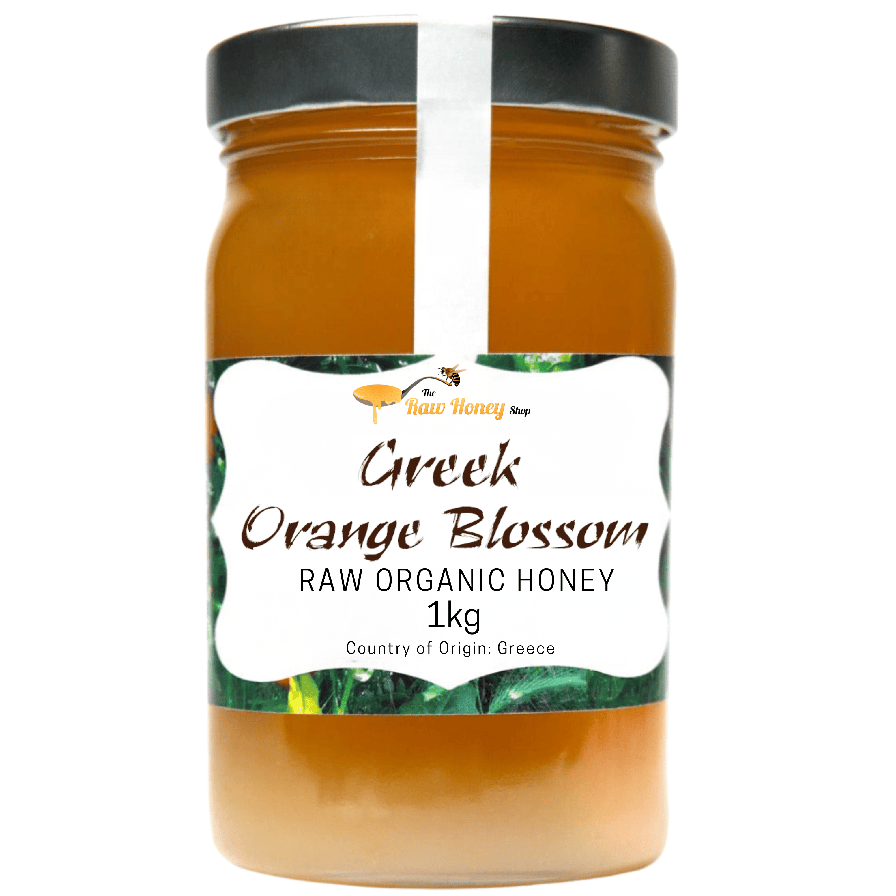 A jar of Greek Orange Blossom Raw Organic Honey from The Raw Honey Shop, featuring a black lid and a white label with green botanical accents, set against a plain white background.