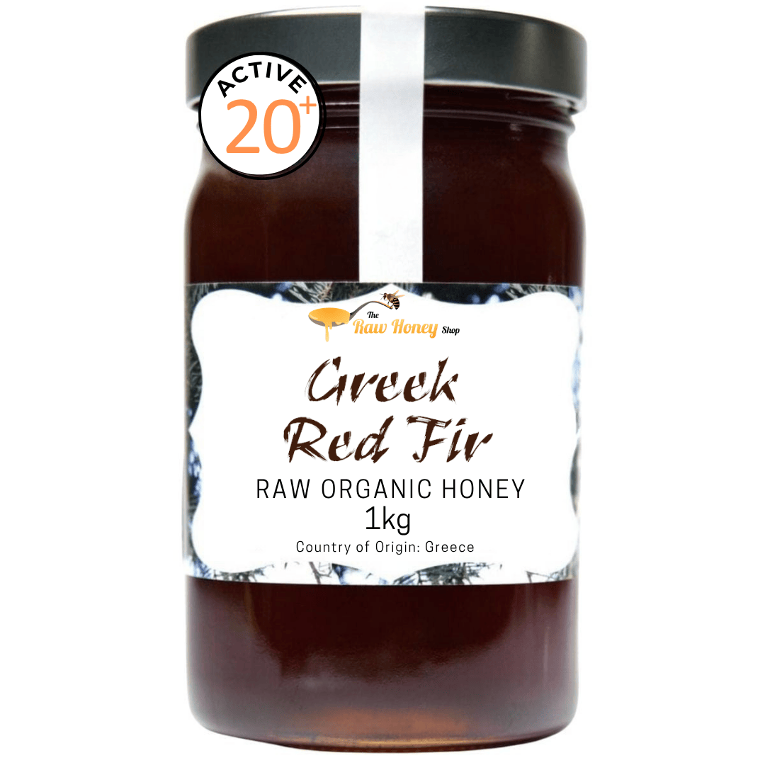 A 1kg glass jar of Greek Red Firs raw organic honey with a black lid and a white label, featuring a 'Active 20.5' badge on the upper left.