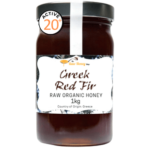 A 1kg glass jar of Greek Red Firs raw organic honey with a black lid and a white label, featuring a 'Active 20.5' badge on the upper left.