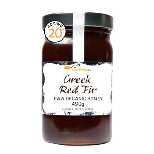 A jar of New Honey Co. Greek Red Fir Raw Organic Honey, 490g, with a black lid and a white label, shown on a plain white background with an 'ACTIVE 20+' badge.