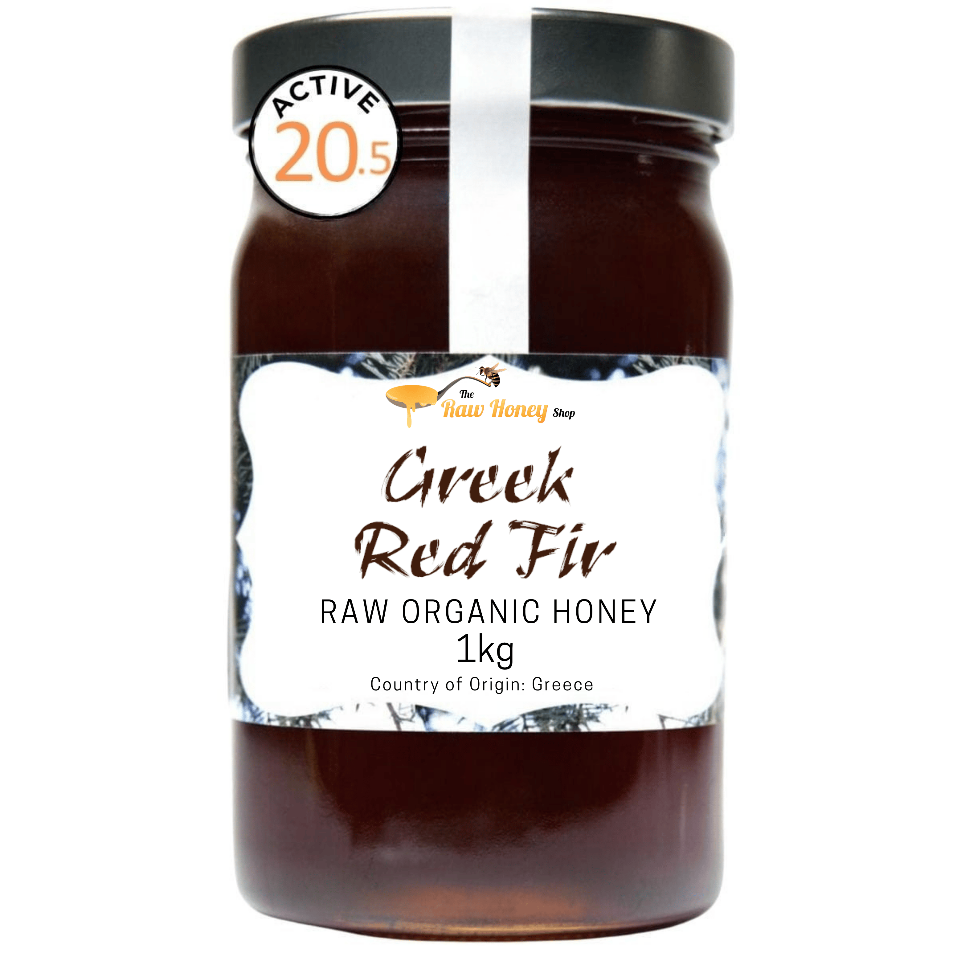 A 1kg glass jar of Thomas' Greek Red Fir Raw Organic Honey with a black lid and a white label, featuring a 'Active 20.5' badge on the upper left.