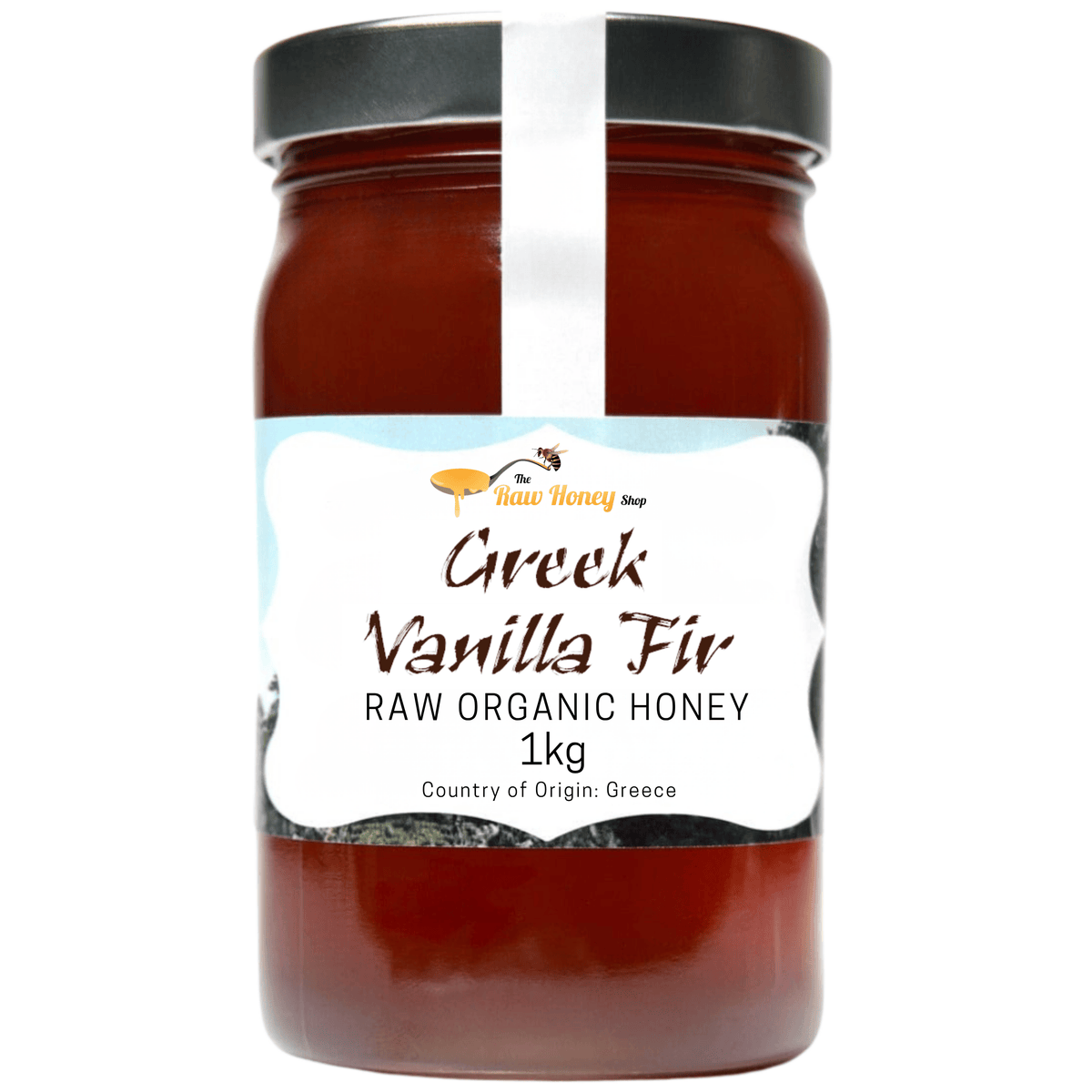 A 1kg glass jar of Thomas' Greek Vanilla Fir Raw Organic Honey by The Raw Honey Shop, featuring a white label with a black lid, set against a plain white background.