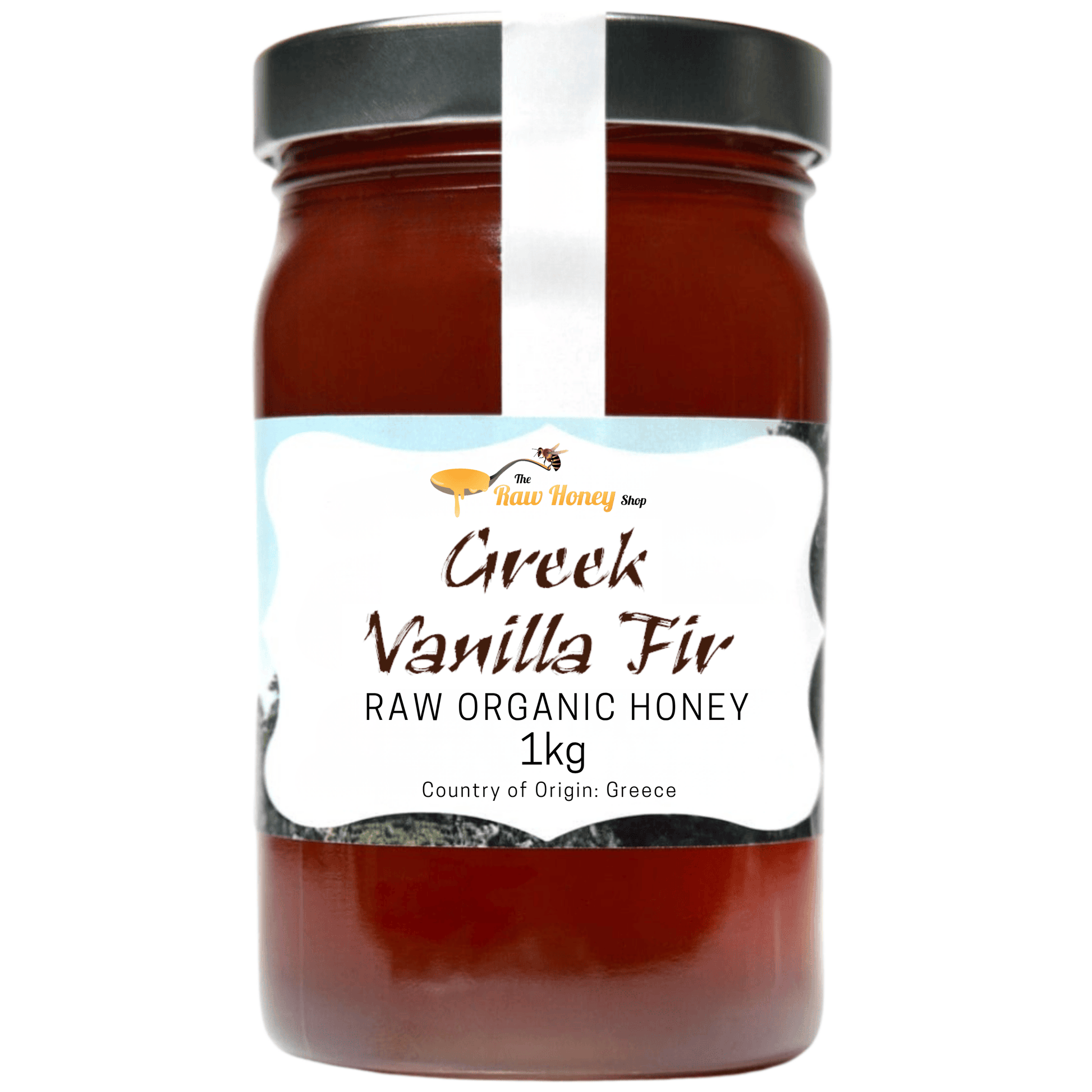 A 1kg glass jar of Thomas' Greek Vanilla Fir Raw Organic Honey by The Raw Honey Shop, featuring a white label with a black lid, set against a plain white background.