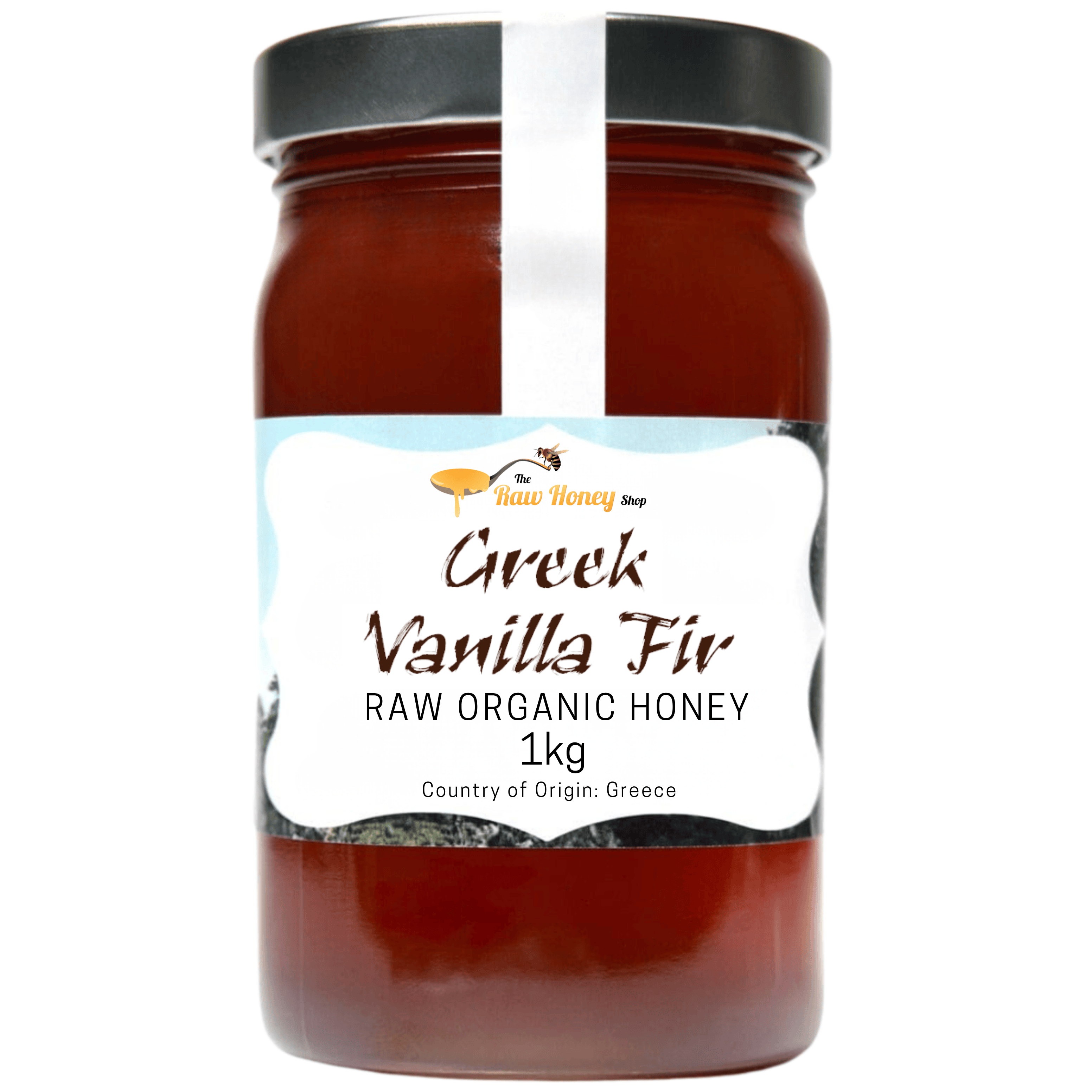 A 1kg glass jar of Thomas' Greek Vanilla Fir Raw Organic Honey by The Raw Honey Shop, featuring a white label with a black lid, set against a plain white background.