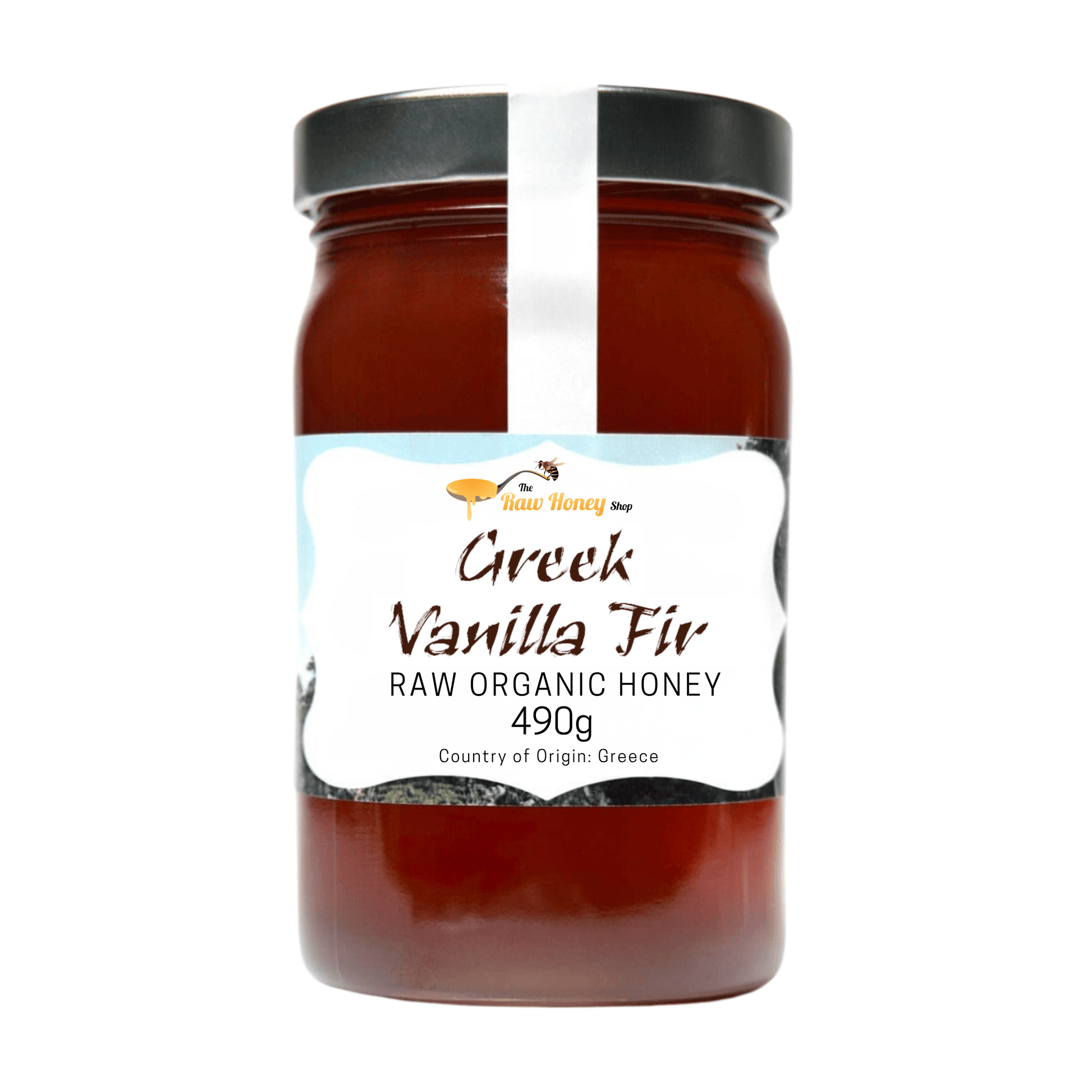 A 490g jar of Greek Vanilla Fir Raw Organic honey from The Raw Honey Shop, featuring a black lid and a white label with brown text, set against a plain white background.