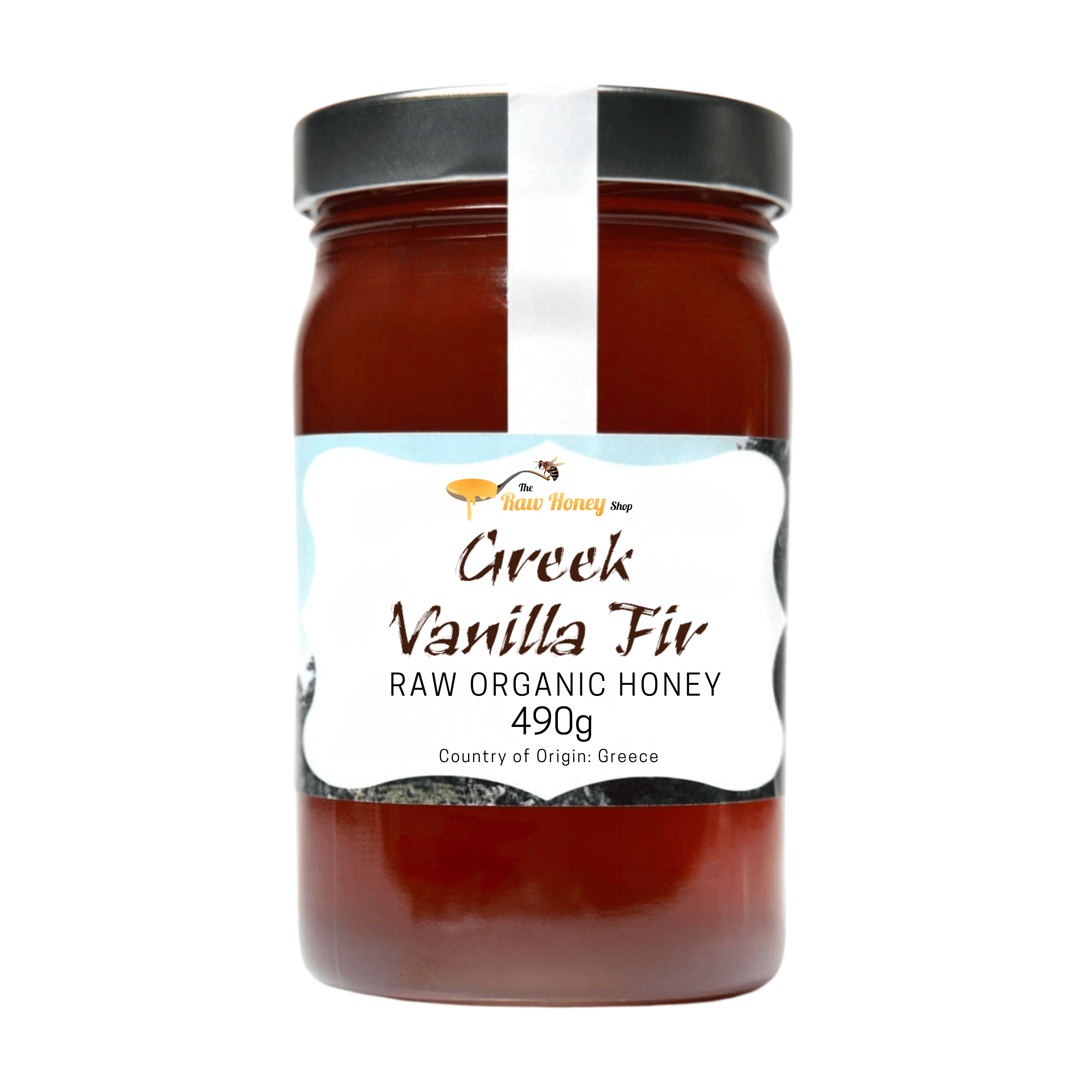 A 490g jar of Greek Vanilla Fir Raw Organic honey from The Raw Honey Shop, featuring a black lid and a white label with brown text, set against a plain white background.