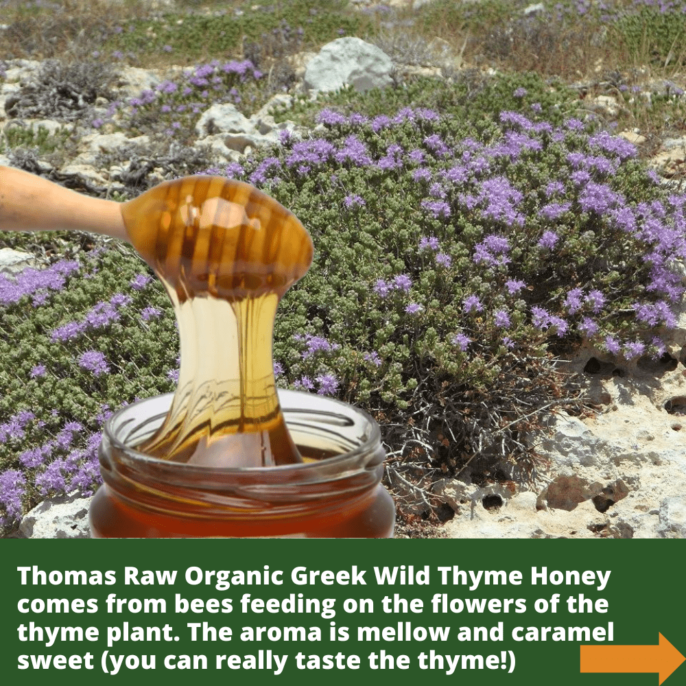Wooden honey dipper  covered in golden coloured thyme honey against thyme flowers.