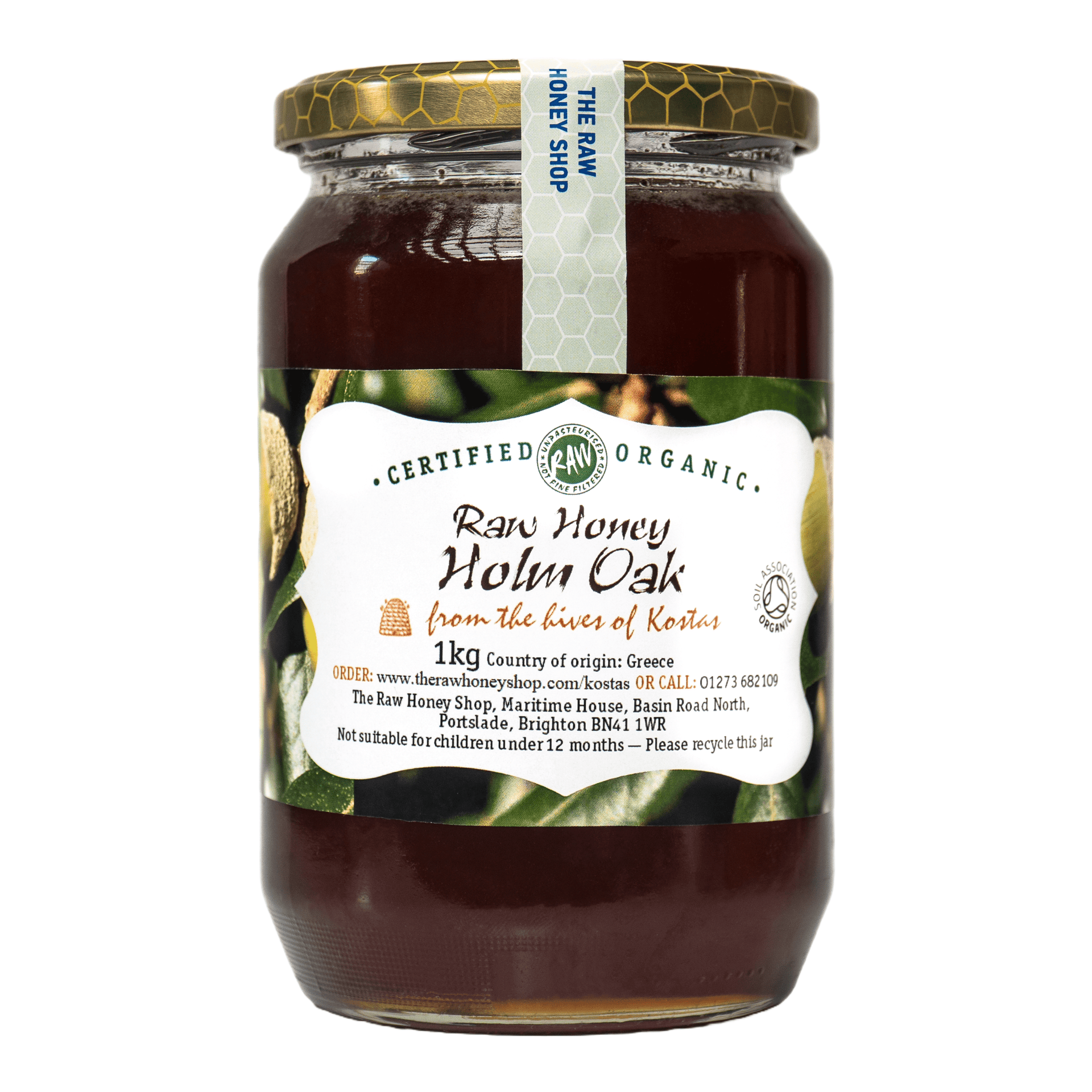 Large labelled glass jar containing 1kg of dark raw organic holm oak honey.