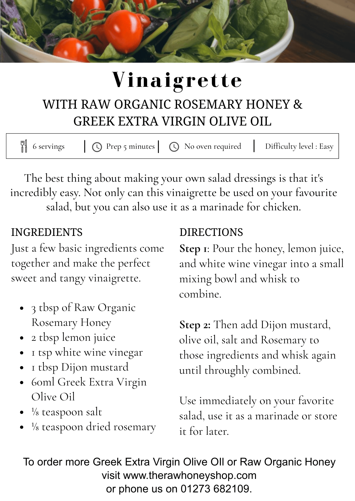 Vinaigrette recipe card with ingredients and directions for making a sweet and tangy dressing.