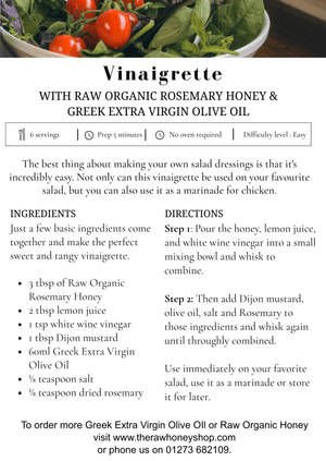 Vinaigrette recipe card with ingredients and directions for making a sweet and tangy dressing.