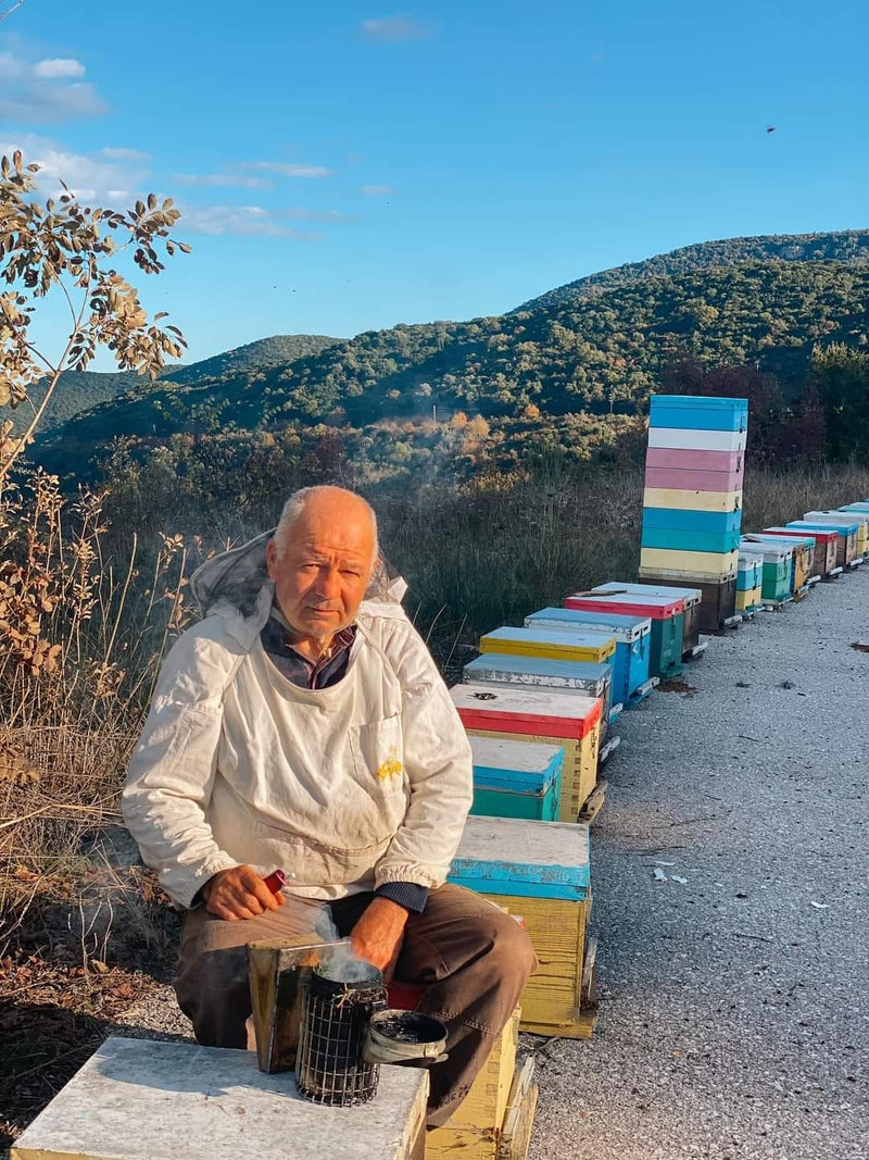 This is a picture of Kostas, the organic beekeeper behind the Arbutus honey. Here he is sitting with his hives on Mount Pelion.