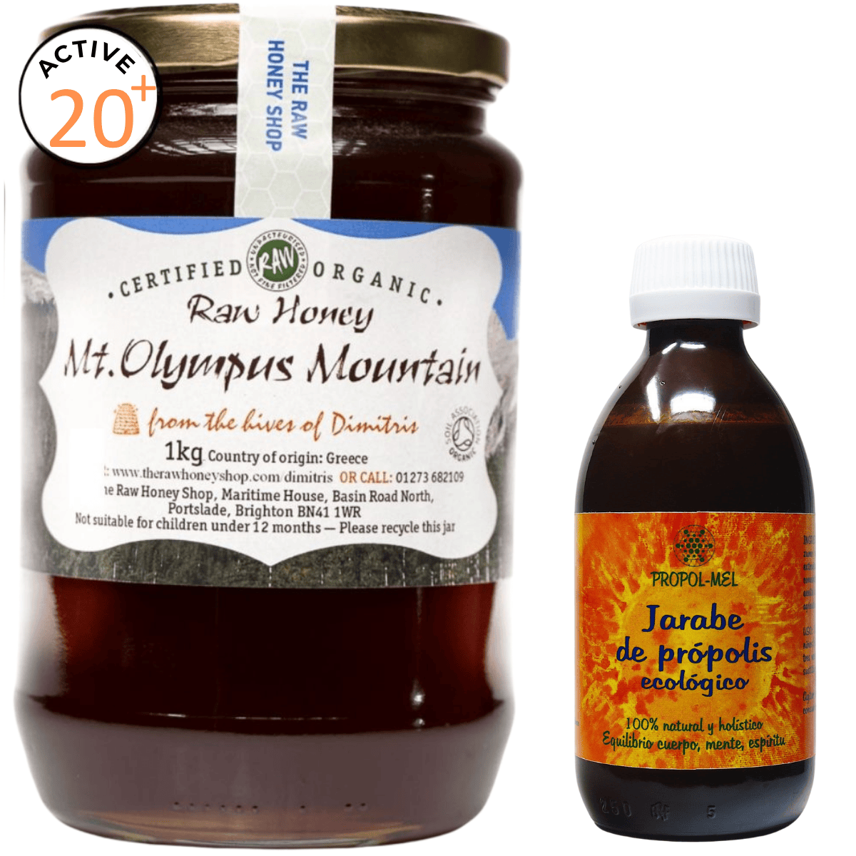 Jar of Mount Olympus Mountain raw honey and a bottle of Propol-Mel propolis syrup on a white background.