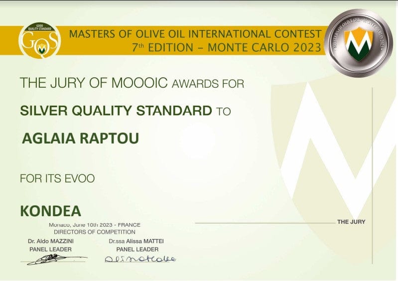 Certificate from the Master of Olive OIl International Contest.  Silver Winner in the Awards in 2023.