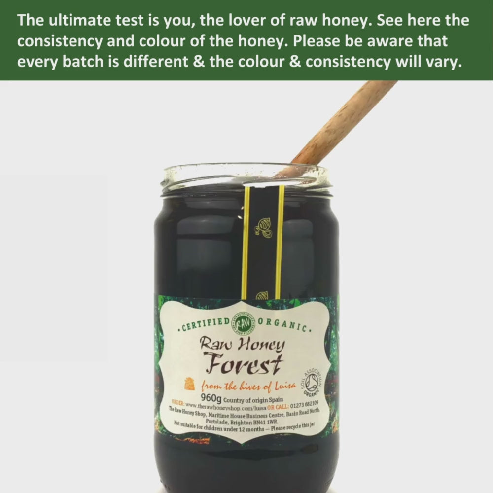 video of wooden honey dipper  dripping into an open jar of dark organic raw forest honey