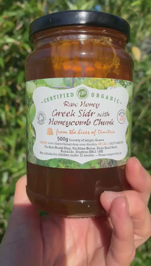 Video of jar of Greek Sidr with honeycomb chunk