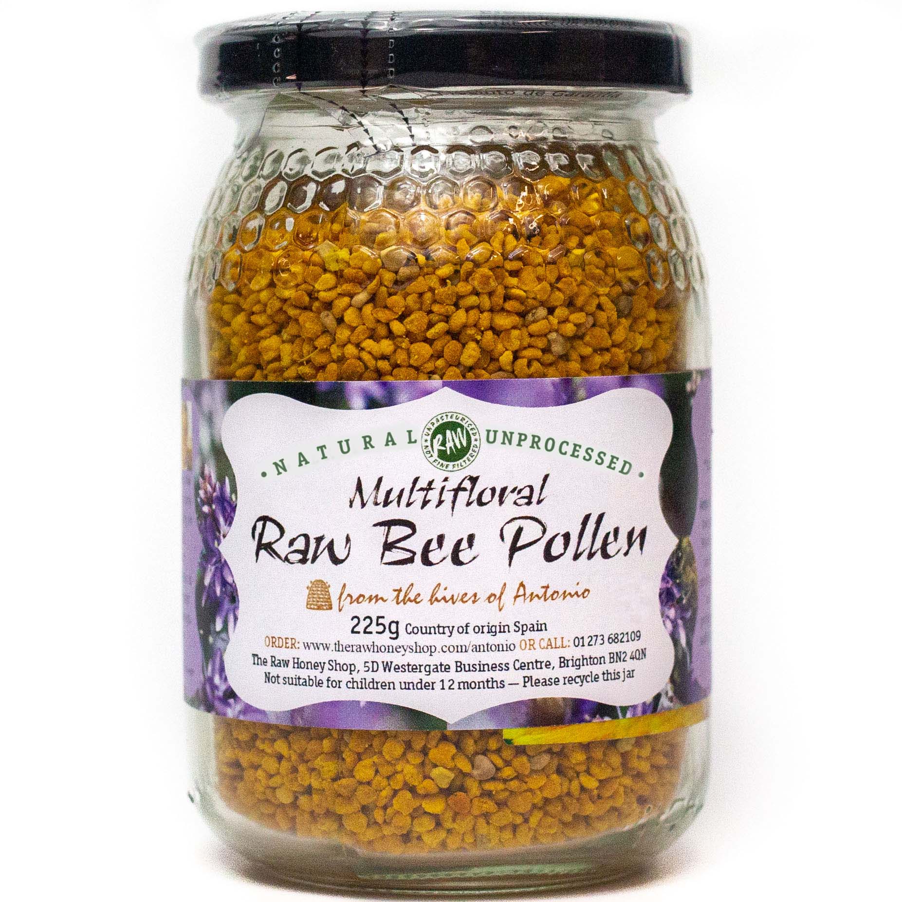 Labelled glass jar containing dried multifloral raw bee pollen.