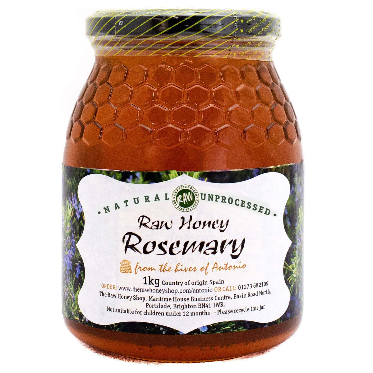 Large labelled glass jar containing 1kg of raw rosemary honey.