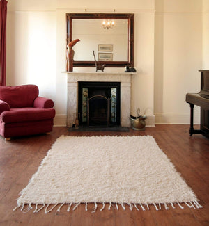 Sjældent og unikt andalusisk håndlavet vendbart tæppe i rustik stil, vævet af genbrugsbomuld - creme 170 cm x 120 cm