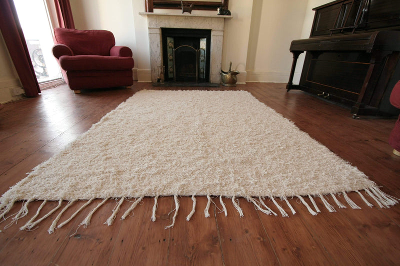 Rare and Unique Andalusian Handmade Rustic Style Reversible Rug, Loomed from Recycled Cotton - Cream 170cmx120cm