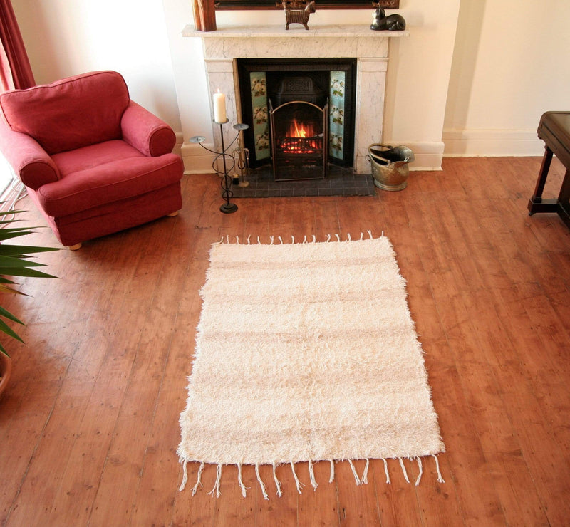 Rare and Unique Andalusian Handmade Rustic Style Rugs Loomed from Recycled Cotton - Mixed Off-White Stripe 70cmx130cm