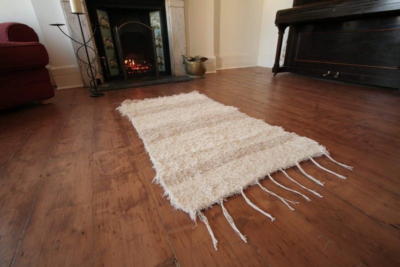 Rare and Unique Andalusian Handmade Rustic Style Rugs Loomed from Recycled Cotton - Mixed Off-White Stripe 120cmx170cm