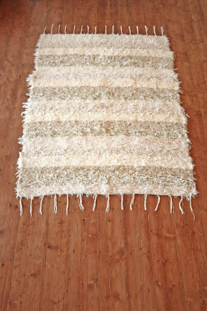 Rare and Unique Andalusian Handmade Rustic Style Rugs Loomed from Recycled Cotton - Mixed Off-White Stripe 120cmx170cm