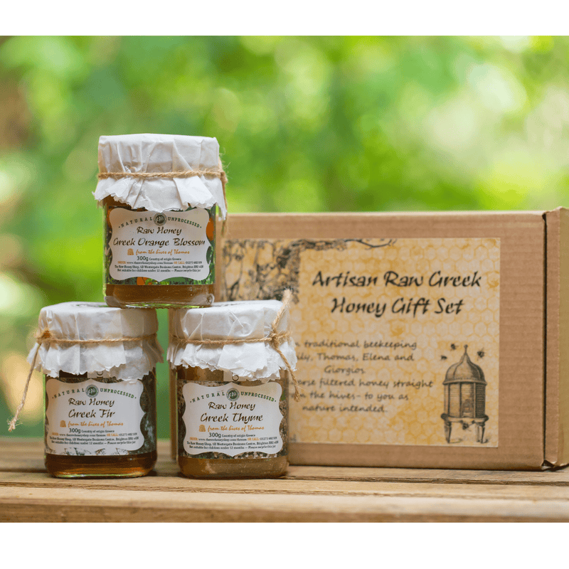 Artisan Greek Raw Honey Gift Box - Orange Blossom, Thyme & Fir- 300g jars with honey dipper.